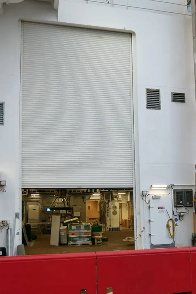 A0 fire rated roller shutter installed in a marine bulkhead